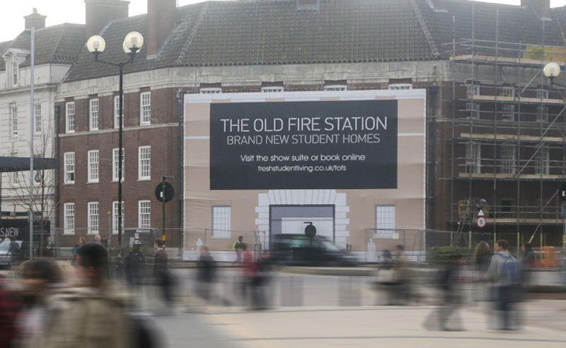 old fire station building wrap