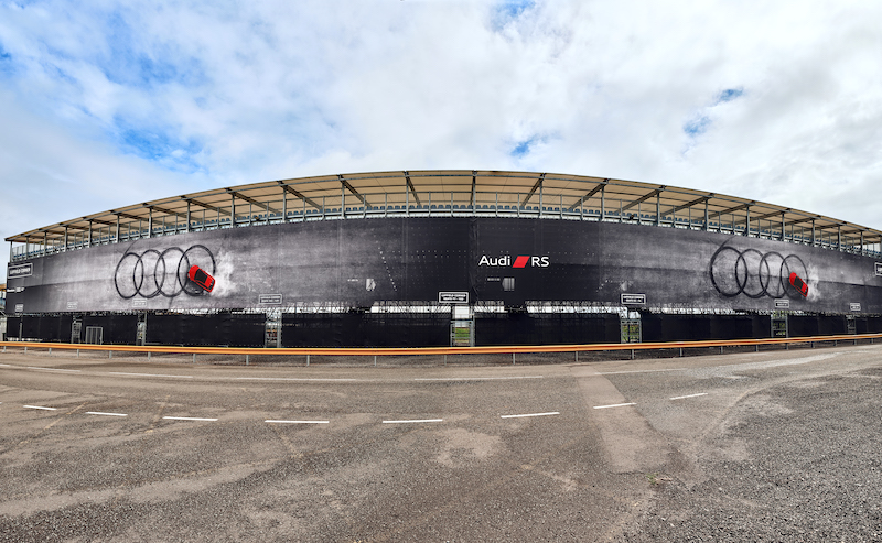 Premium printed mesh banners transform Silverstone grandstands into bold Audi branding